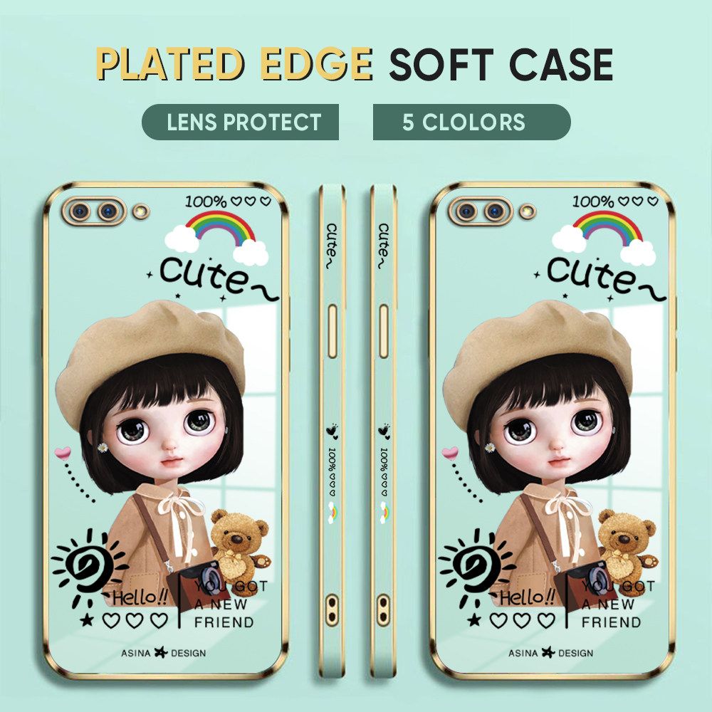 Luxury 6D Plating Case for Realme C1 Phone Cases Satchel Girl Side Print Soft Silicone Square Back Cover