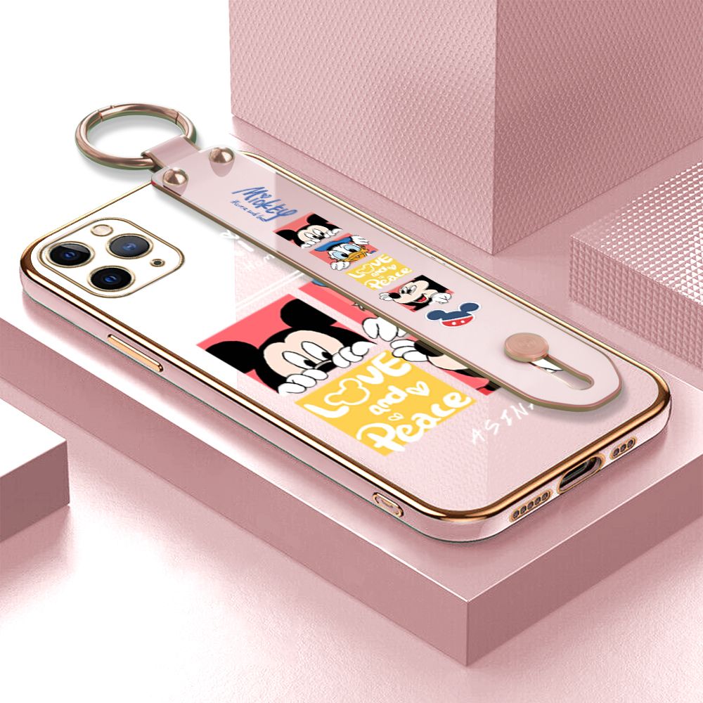 Jizetin for iPhone 11 Pro Back Cover Lovely Mouse Luxury 6D Plating Wrist Strap Phone Cases Soft Silicone Square Mobile Phone Case