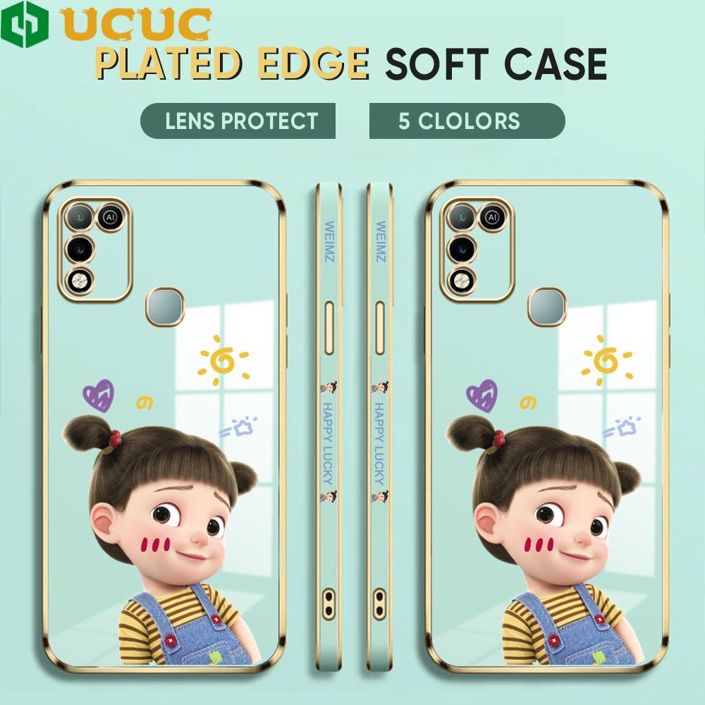 UCUC for Infinix Hot 10 Play X688C Back Cover + Free Lanyard Lovely Girl Luxury 6D Plating Case Side Pattern Soft Silicone Square Phone Cases