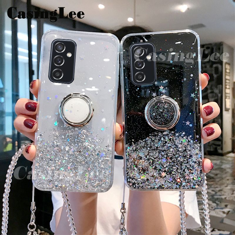 Casinglee for Samsung Galaxy A13 5G case Shiny Ring Glitter Soft Transparent Holder Stand Back cover with String for Samsung A13 5G Phone cases cover Stars Moon Girls For girls and Boys