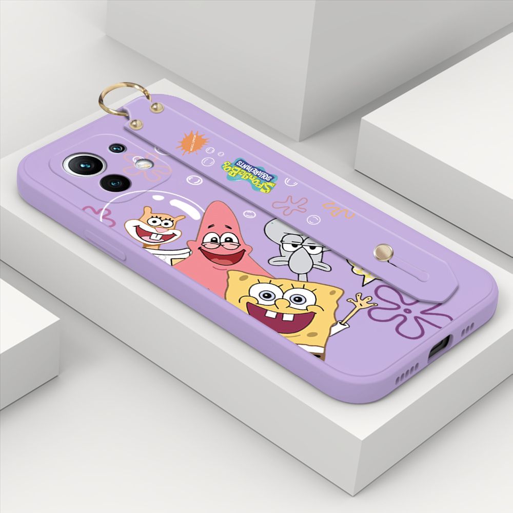 ZeroQiQi for Xiaomi Mi 11 Wrist Strap Case Cute Cute Funny Cartoon Sponge for Square Pants Cover Square Edge Liquid Silicone Anti-drop Phone Case