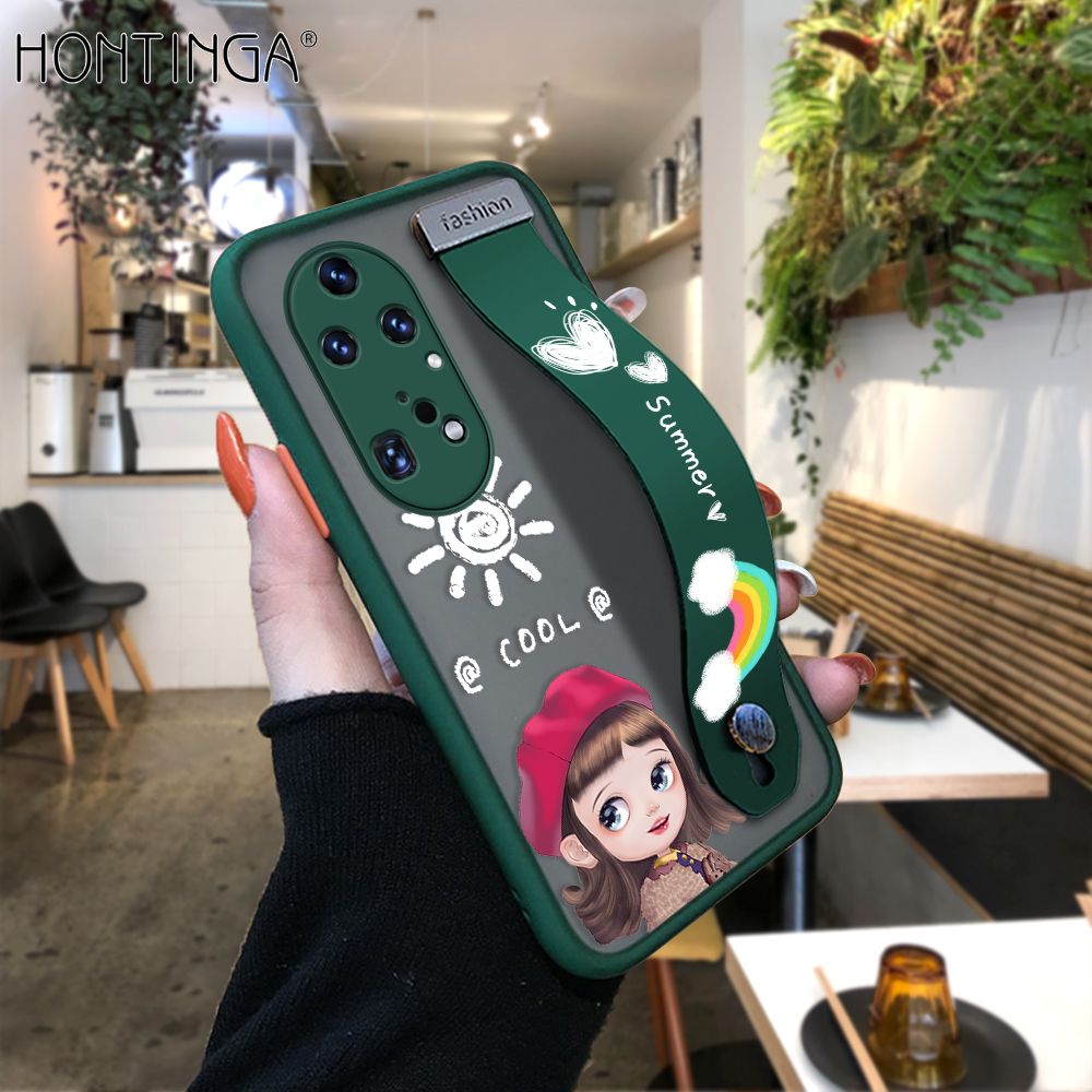 Hontinga for Huawei P50 Pro Back Cover With Wristband Cute Red Hood Girl Phone Casee Full Lens Protection Thin Frosted Cases