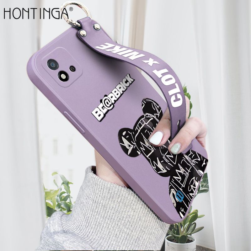 Hontinga for Realme C20 C20A C11 2021 Wrist Strap Case Fashion Black Brand Bear Phone Case Square Edge Liquid Silicone Cases Full Cover Camera Shockproof Protection Cases