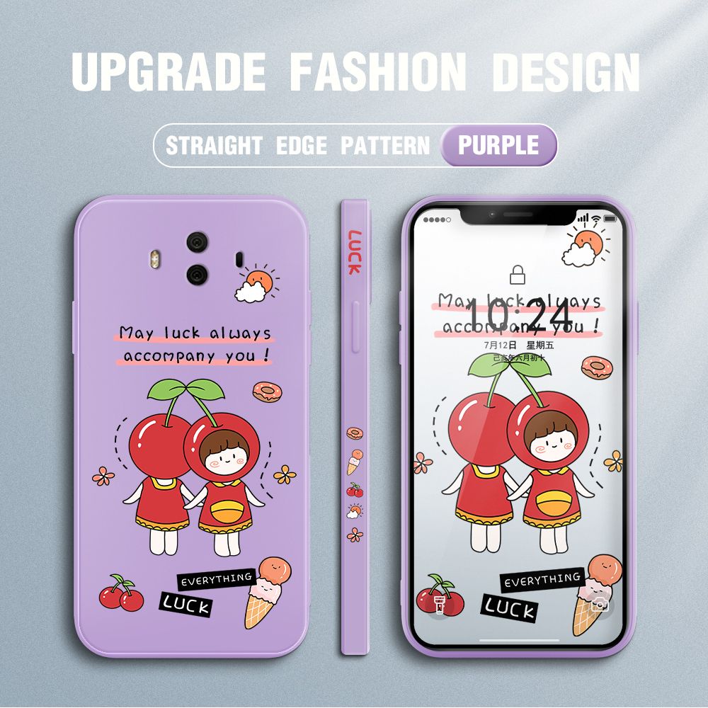 Jizetin for Huawei Mate 10 Case Fashion Cherry Girl Design Side Design Phone Case Square Edge Pattern Liquid Silicone Cases Full Cover Camera Shockproof Protective Case