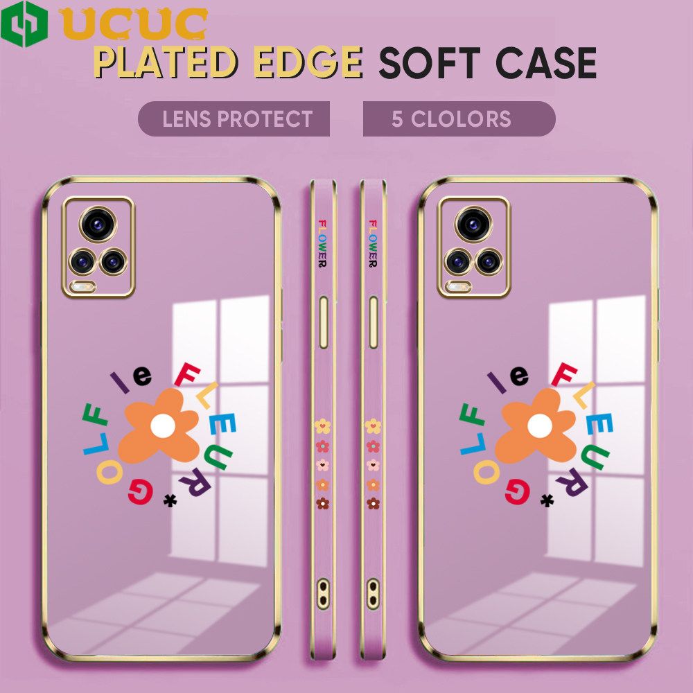 UCUC for Vivo V20 Pro Back Cover + Free Lanyard Colorful Flower Luxury 6D Plating Case Side Pattern Soft Silicone Square Phone Cases