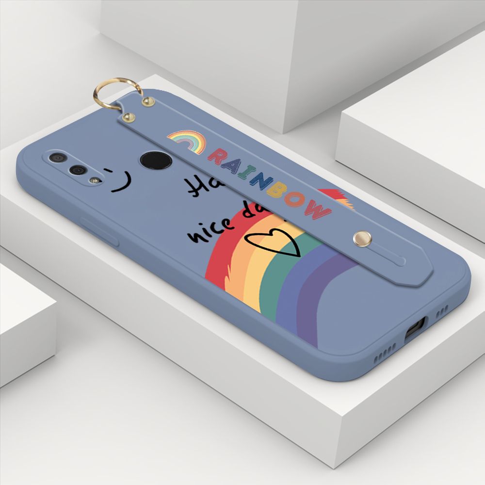 ZeroQiQi for Huawei Y9 2019 Wrist Strap Case Lovely Graffiti Rainbow Smile Thin Phone Cover Square Edge Liquid Silicone Creativity Phone Case