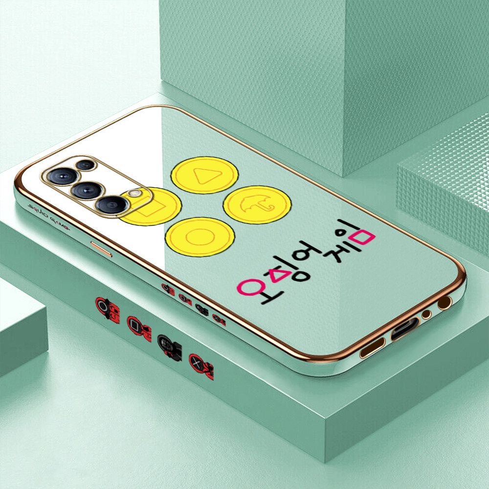 Luxury 6D Plating Soft Casing Silicone Square Frame Phone Case For OPPO Reno5 5G Case Shiny Bling Back Cover Popular Game Patterns Square Edge Pattern Design Soft Case + Free Lanyard