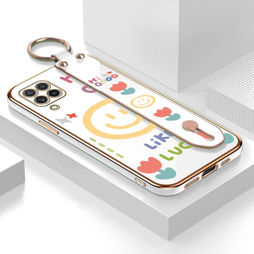 ZeroQiQi for Samsung A22 4G / M22 Wrist Strap Back Cover Flower Smiley Fashion Luxury 6D Plating Soft Casing Silicone Square Frame Phone Case