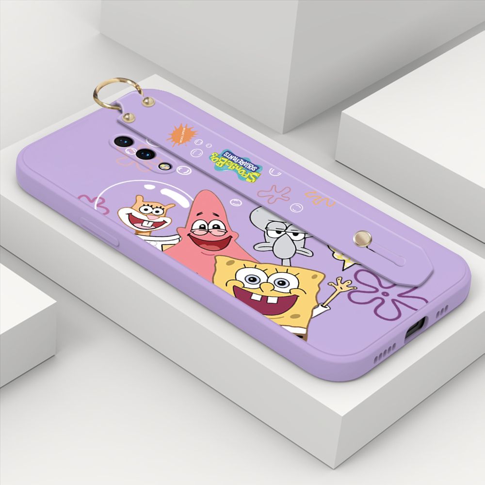 ZeroQiQi for OnePlus 7 Wrist Strap Case Cute Cute Funny Cartoon Sponge for Square Pants Cover Square Edge Liquid Silicone Anti-drop Phone Case