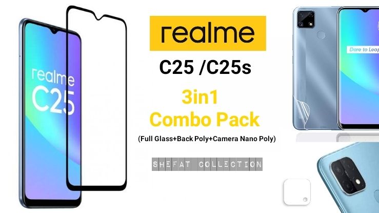 Realme C25 / C25s  _ 3iN1 Combo (Premium Quality Full Cover Glass Protector, Camera Nano Poly Protactor , Back Transparent Poly)