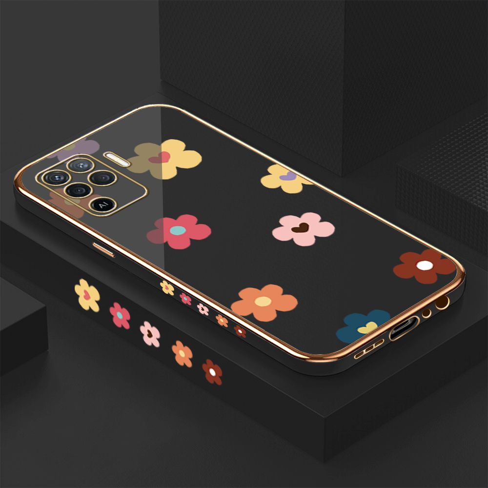 Luxury 6D Plating Case for OPPO Reno5 F Color Cartoon Flowers Side Pattern Back Cover Soft Silicone Square Phone Cases + Free Lanyard