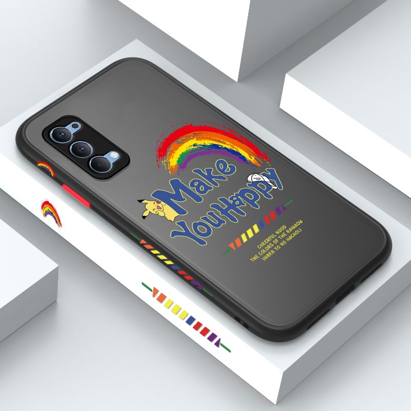 ZeroQiQi for OPPO Reno 4 Case Creative Cartoon Rainbow Pikachu Side Printing Cover Frosted Ultra Thin Protective Anti Fall Phone Case