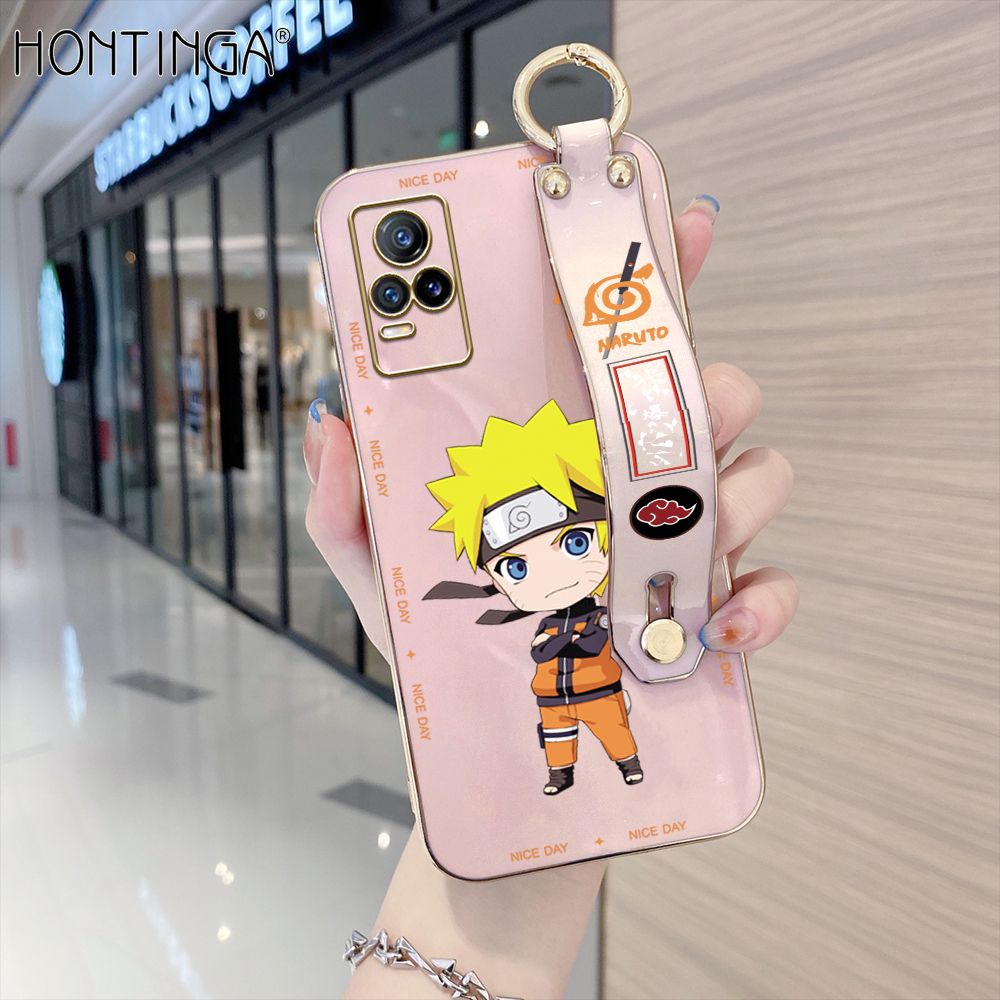 Hontinga for Vivo V21E / Y73 2021 Back Cover With Wristband Luxury 6D Plating Anime Naruto Uzumaki Case Soft Silicone Square Phone Cases