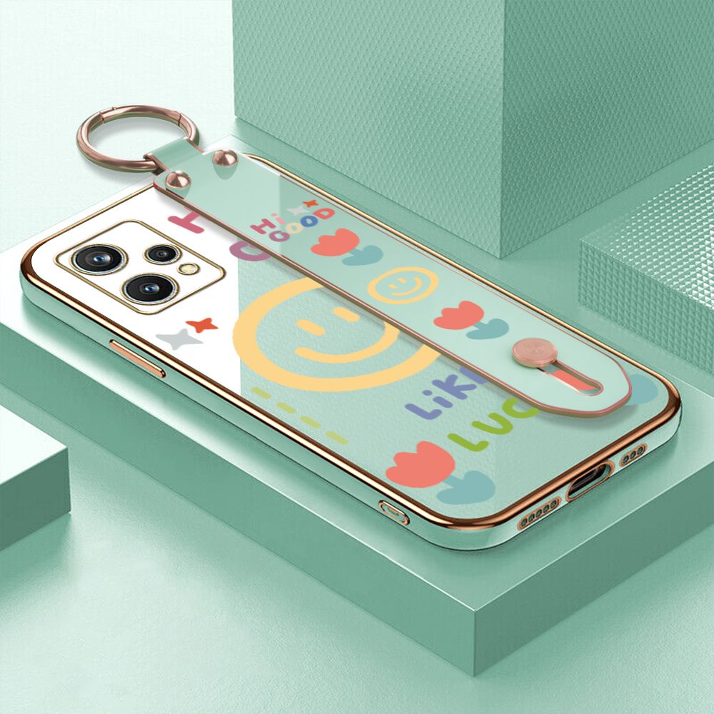 ZeroQiQi for Realme 9 Pro+ 5G Wrist Strap Back Cover Flower Smiley Fashion Luxury 6D Plating Soft Casing Silicone Square Frame Phone Case