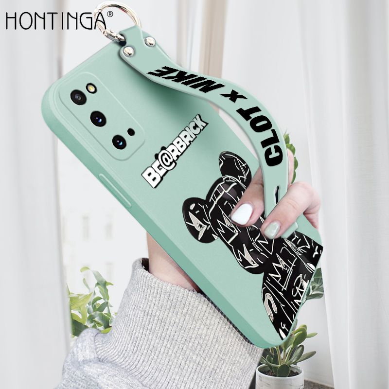 Hontinga for Samsung Galaxy S20 Wrist Strap Case Fashion Black Brand Bear Phone Case Square Edge Liquid Silicone Cases Full Cover Camera Shockproof Protection Cases