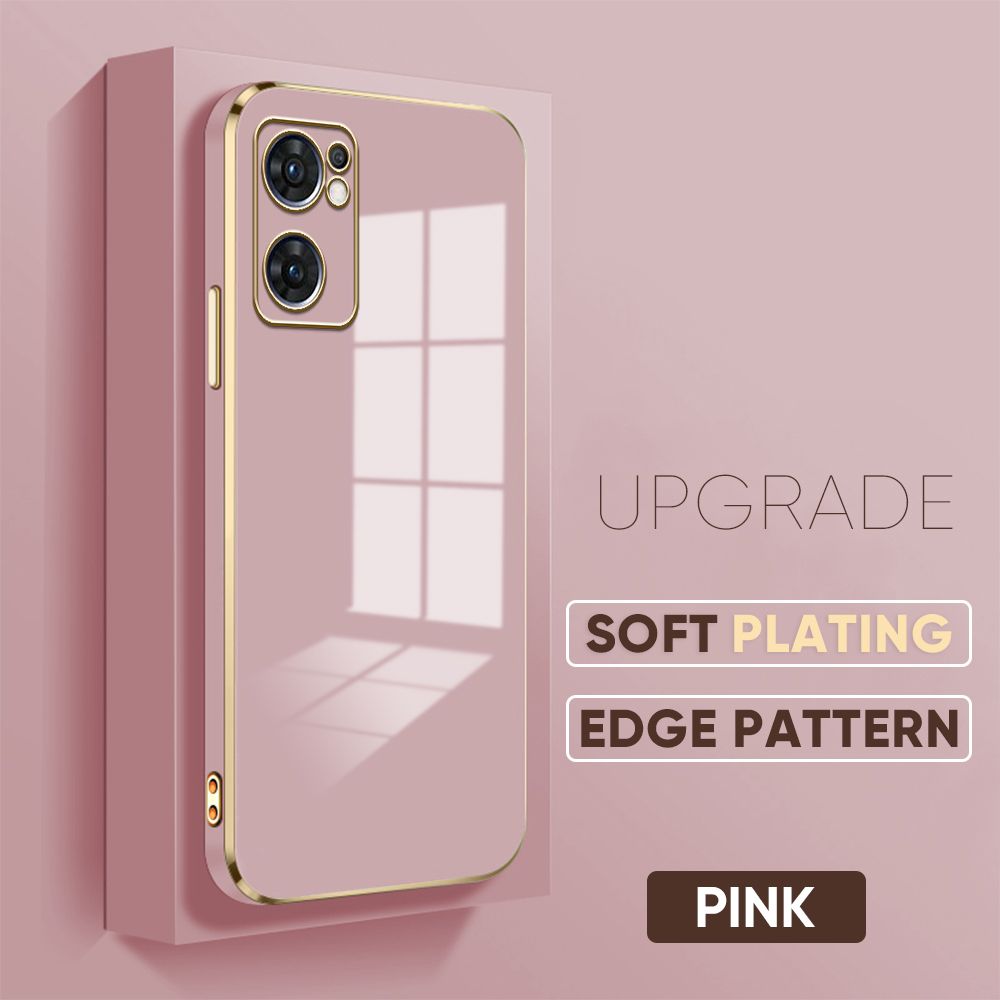 Jizetin (Free Lanyard) OPPO Reno7 5G Back Cover Pure Color Luxury 6D Plating Case Side Pattern Soft Silicone Square Mobile Phone Cases