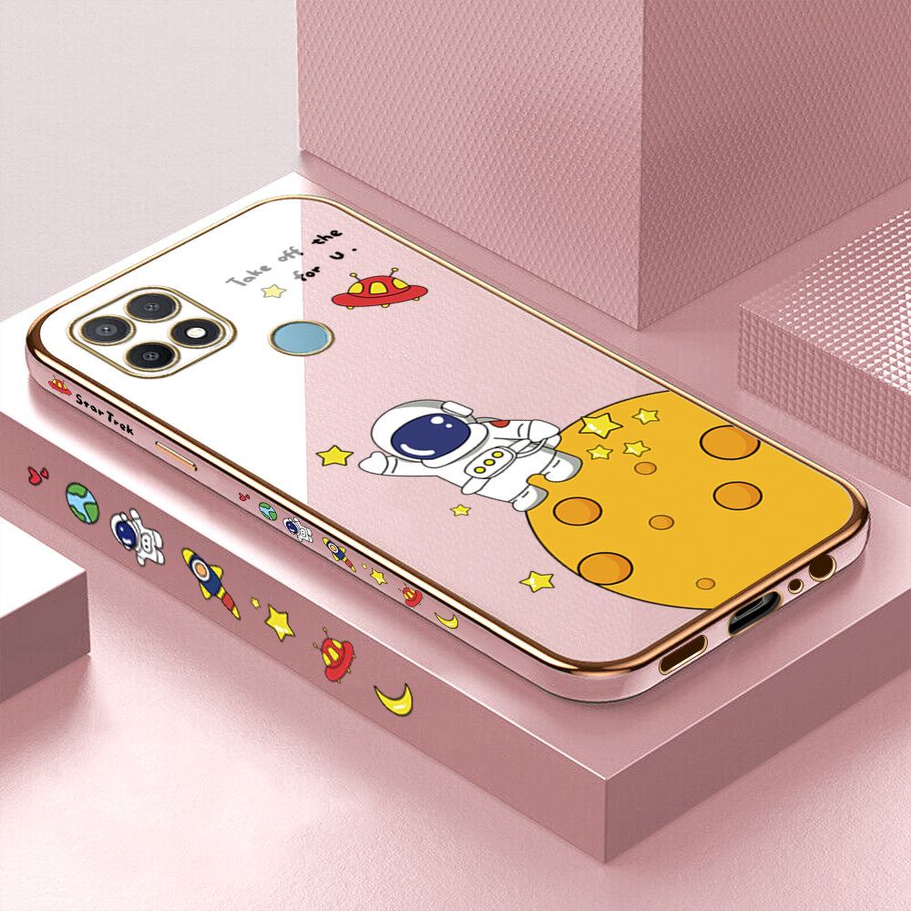 Luxury 6D Plating Case for OPPO A15S Cute Cartoon Happy Astronaut Side Pattern Back Cover Soft Silicone Square Frame Shiny Bling Phone Cases + Free Lanyard