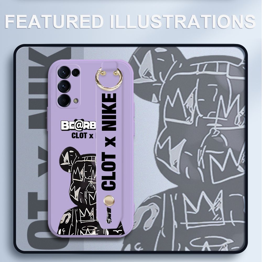 UCUC for OPPO Reno5 5G Wrist Strap Case Creative Cartoon Black Stitching Bear Cover Ultra Thin Anti Fall Liquid Silicone Phone Case