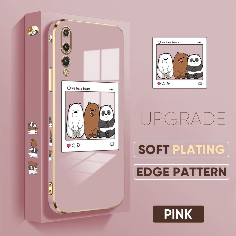 TA for Huawei P20 Pro Back Cover + Free Lanyard Bears Group Photo Luxury 6D Plating Case Side Pattern Soft Silicone Square Phone Cases