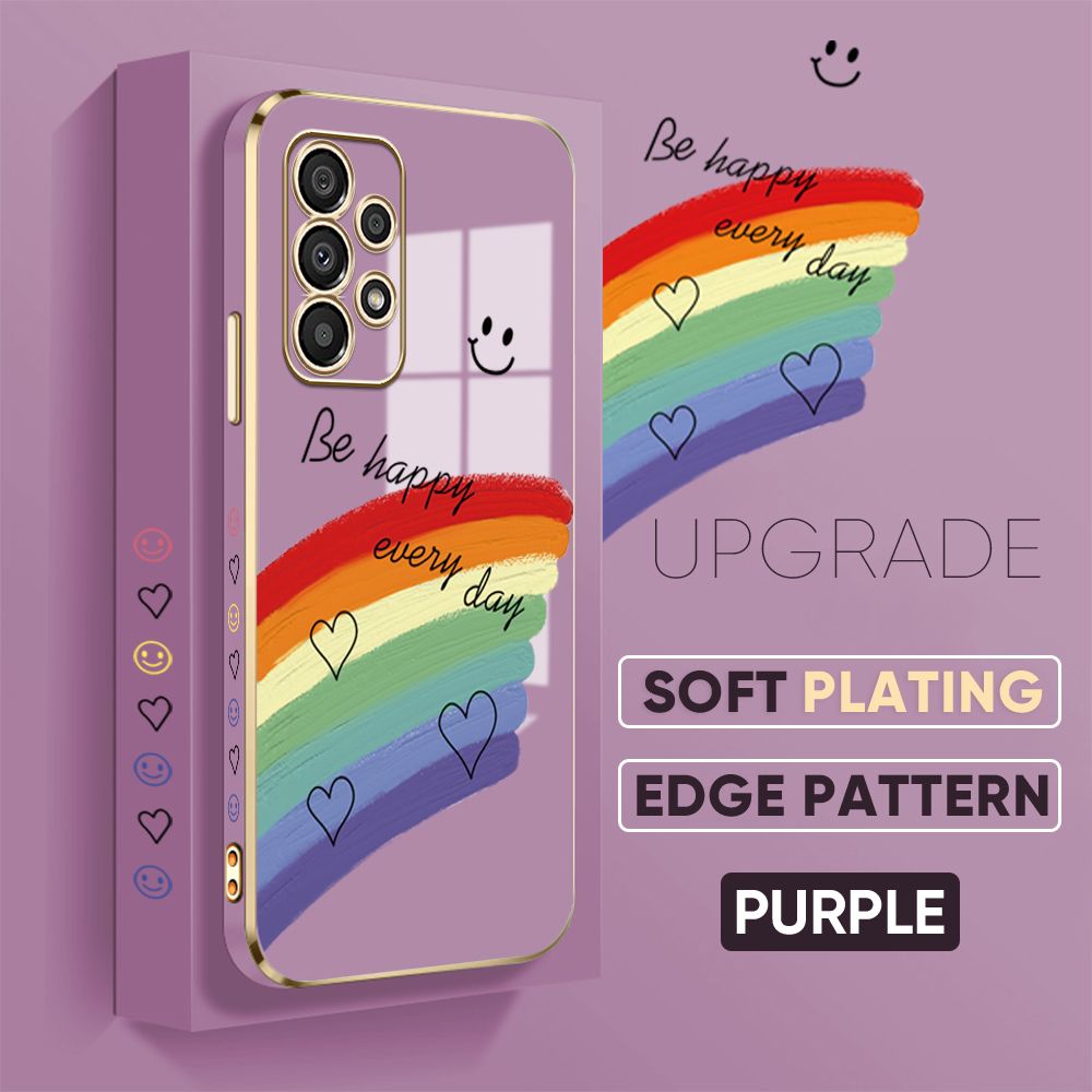 Jizetin (Free Lanyard) Samsung Galaxy A33 5G Back Cover Rainbow Luxury 6D Plating Case Side Pattern Soft Silicone Square Mobile Phone Cases