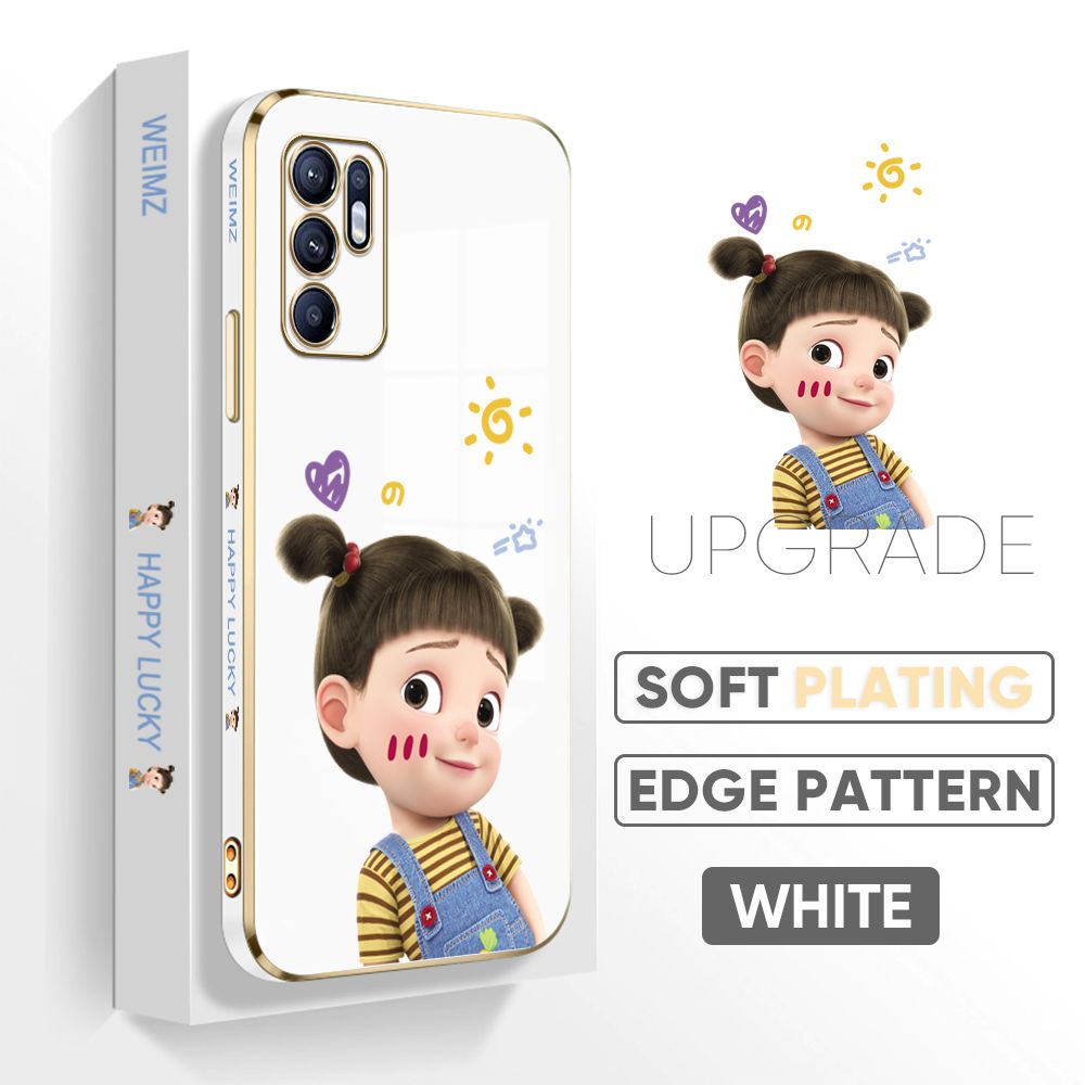 Jizetin (Free Lanyard) OPPO Reno6 Back Cover Double Ponytail Girl Luxury 6D Plating Case Side Pattern Soft Silicone Square Mobile Phone Cases