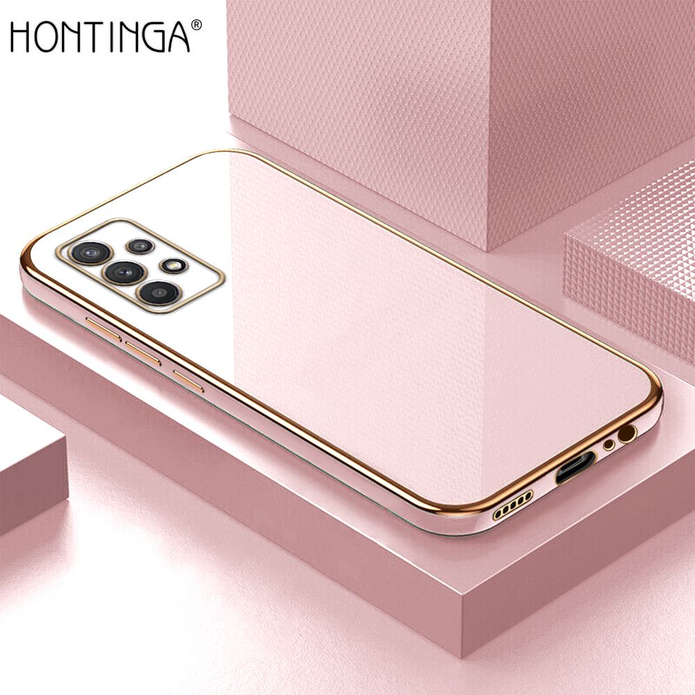 Hontinga for Samsung Galaxy A32 4G Back Cover + Free Lanyard Luxury 6D Plating Frame Shiny Bling Case Soft Silicone Square Mobile Cover