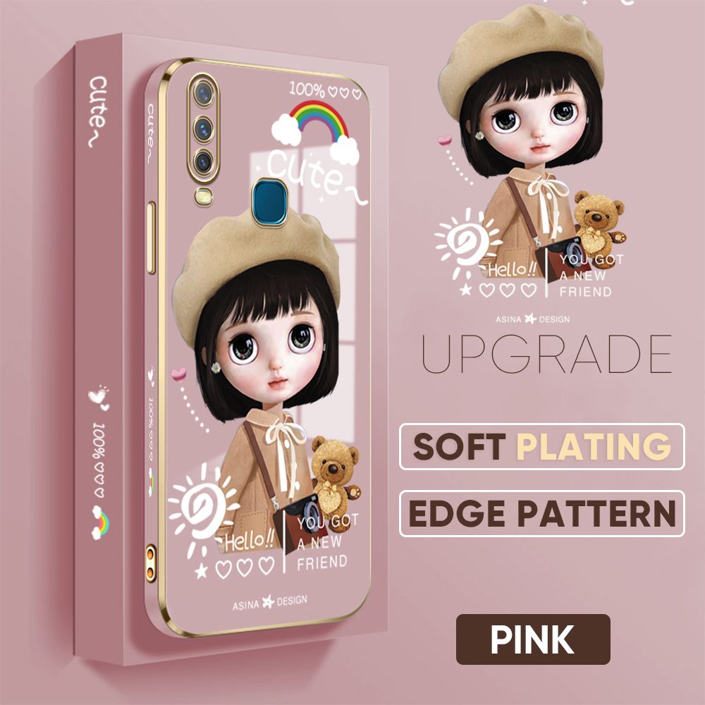 Jizetin (Free Lanyard) Vivo Y17 Y15 Y12 Cover Satchel Girl Luxury 6D Plating Soft Casing Silicone Square Frame Phone Case Shiny Bling Back Cover