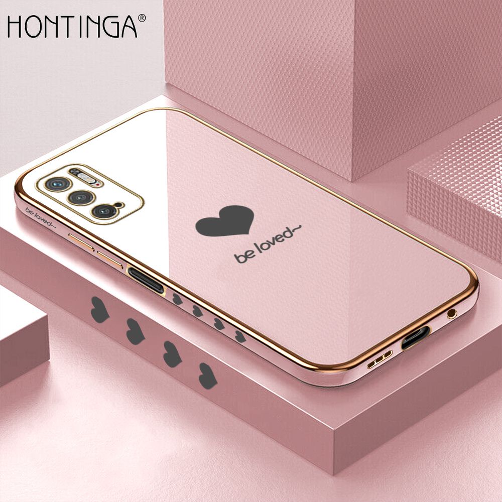 Hontinga for Xiaomi Poco M3 Pro 5G Luxury 6D Plating Soft Casing Silicone Square Frame Phone Case Shiny Bling Back Cover Lover Heart Side Pattern Case