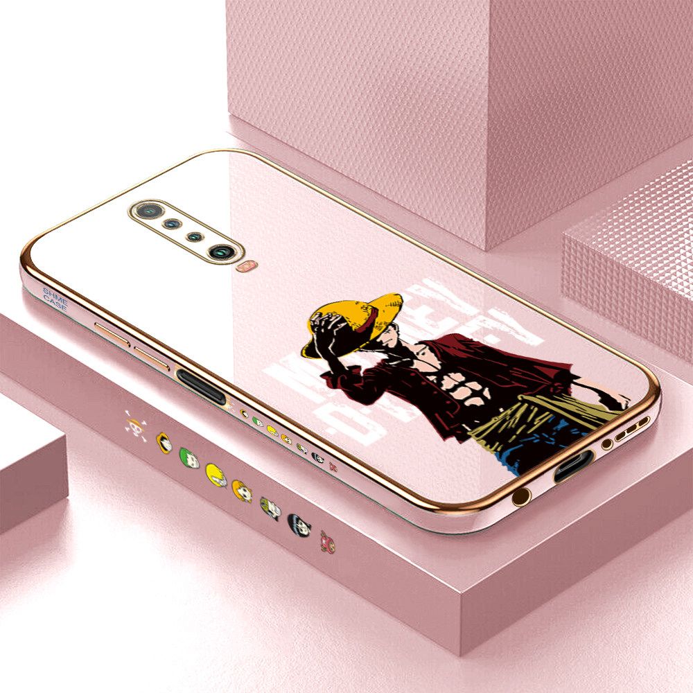 Luxury 6D Plating Case for Redmi K30 Anime Cartoon Cool Luffy Side Pattern Back Cover Soft Silicone Square Frame Shiny Bling Phone Cases + Free Lanyard