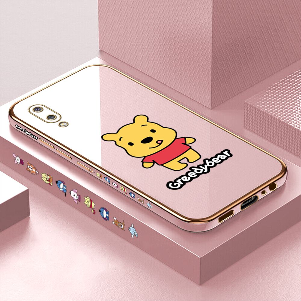 Luxury 6D Plating Case for Samsung M02 A02 Cartoon Squirming Bear Side Pattern Back Cover Soft Silicone Square Phone Cases + Free Lanyard