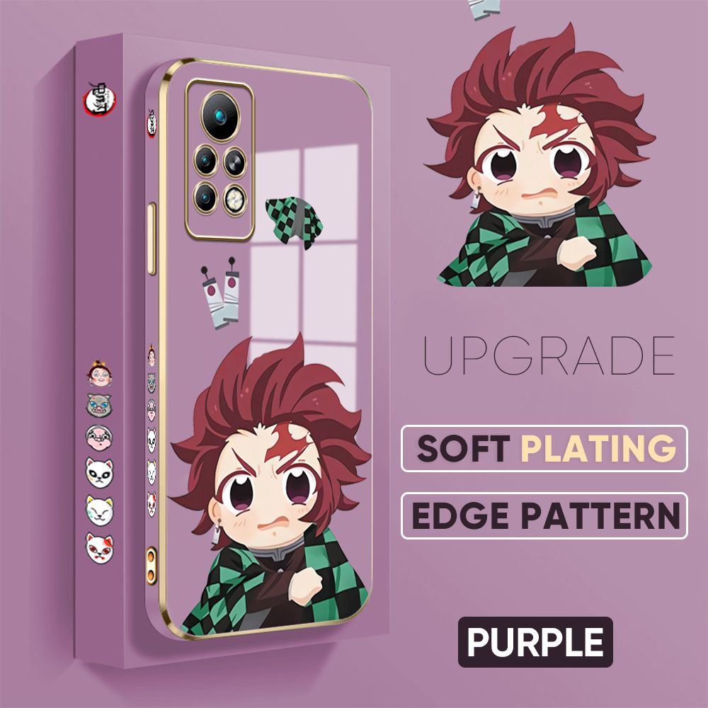 Jizetin (Free Lanyard) Infinix Note 11 Pro Infinix Note 11S Back Cover Tanjiro Luxury 6D Plating Case Side Pattern Soft Silicone Square Phone Cases