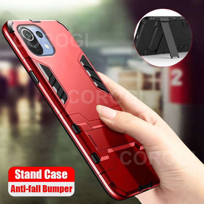 For Xiaomi 11 Lite 5G NE Cover Shockproof Hybrid Armor Stand Holder Design Phone Case Hard Plastic Soft TPU Silicone Bumper Protective Back Cover
