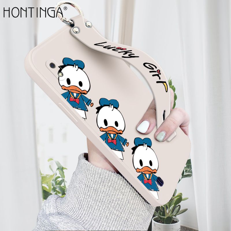 Hontinga for Samsung Galaxy A10 Wrist Strap Case Cute Cartoon Little Duck Phone Case Square Edge Liquid Silicone Case Full Cover Camera Shockproof Protective Cases