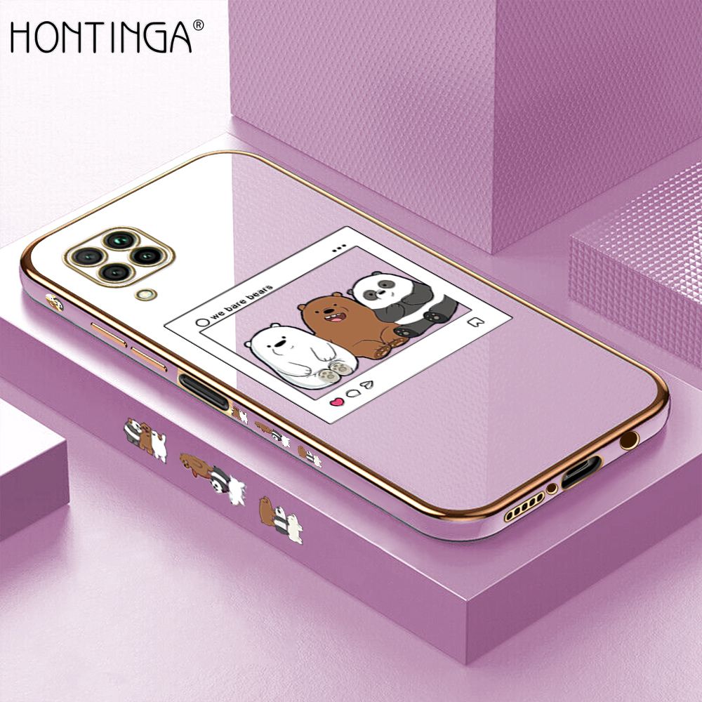 Hontinga for Huawei Nova 7I Back Cover + Free Lanyard Luxury 6D Plating Photo three bears Side Pattern Case Soft Silicone Square Mobile Cover