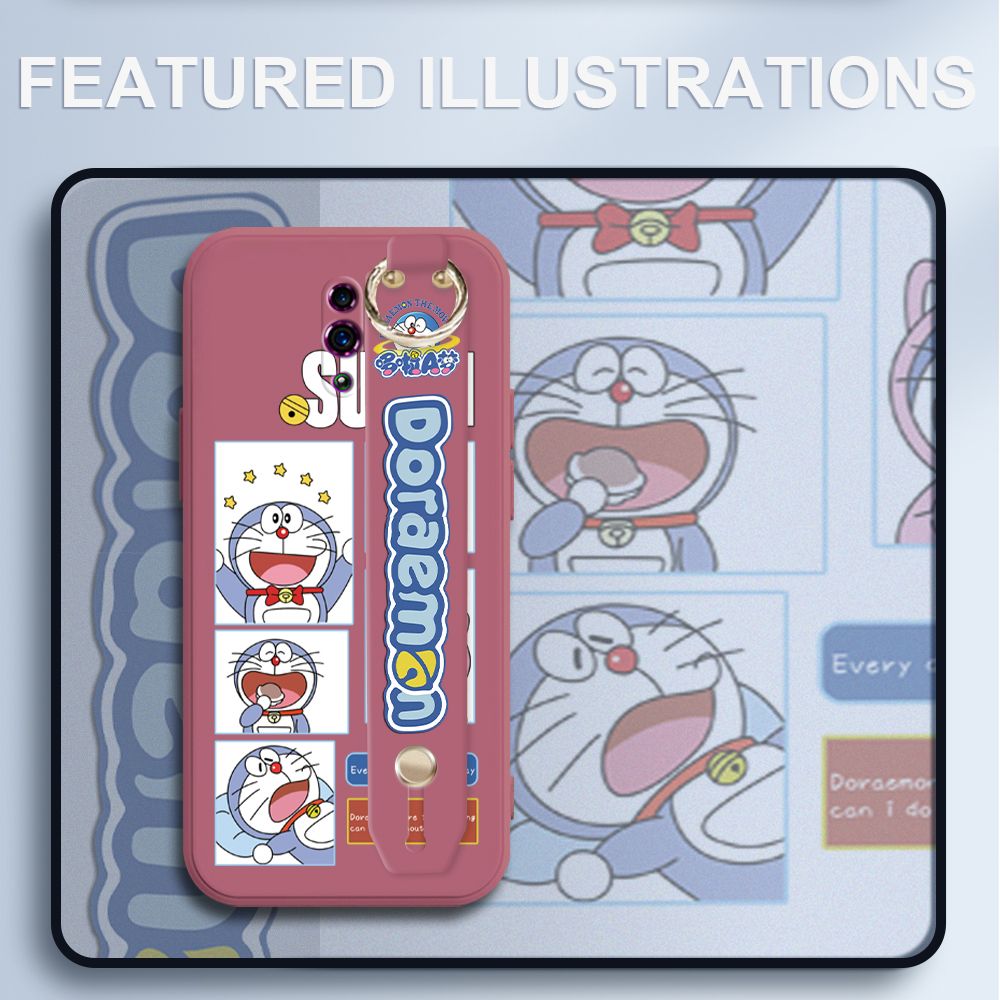 UCUC for OPPO Reno Wrist Strap Case Creative Cartoon Doraemon's Daily Life Cover Ultra Thin Anti Fall Liquid Silicone Phone Case