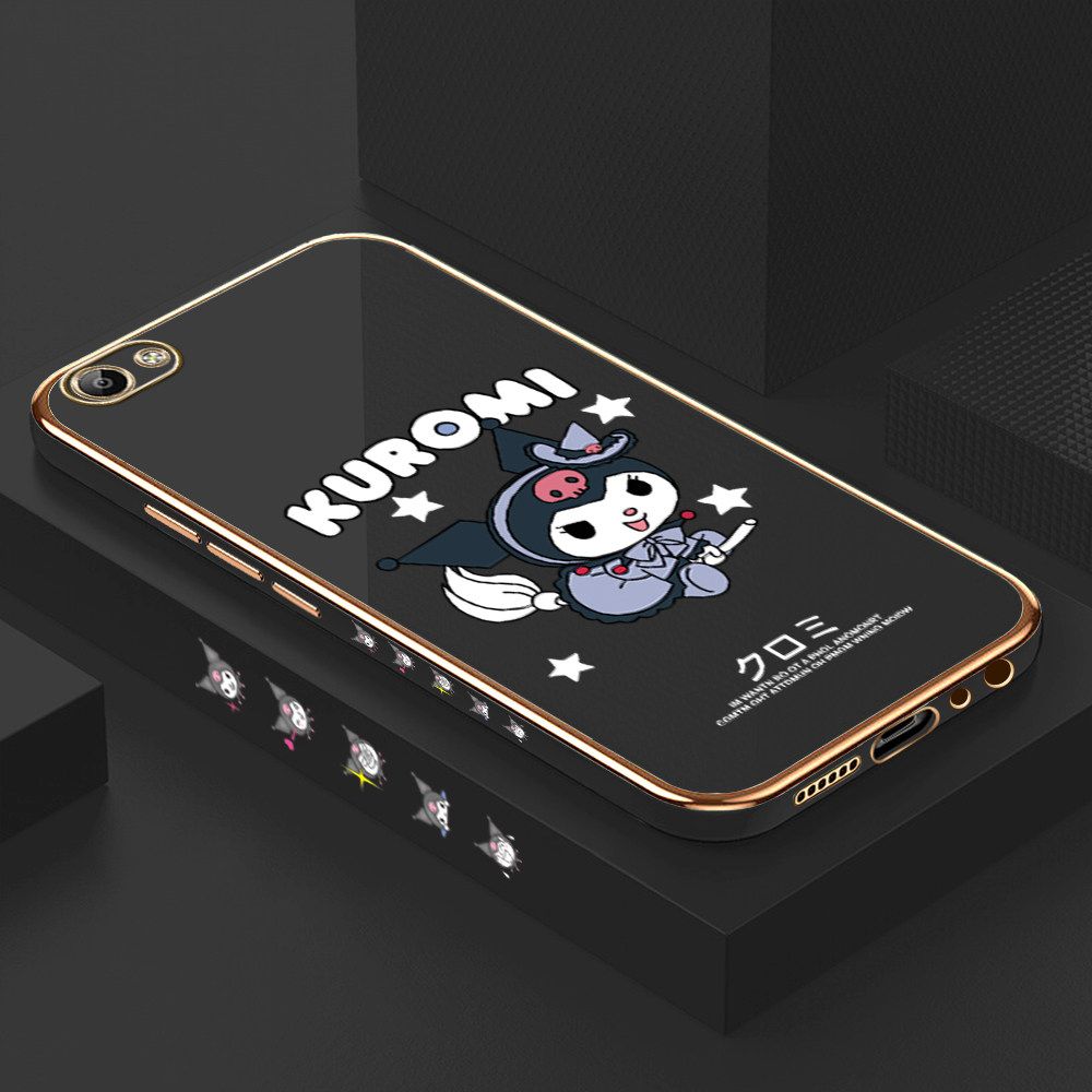 Luxury 6D Plating Soft Casing Silicone Square Frame Phone Case For Vivo V5 Case Shiny Bling Back Cover Cartoon Anime Character Cute Square Edge Pattern Design Soft Case + Free Lanyard