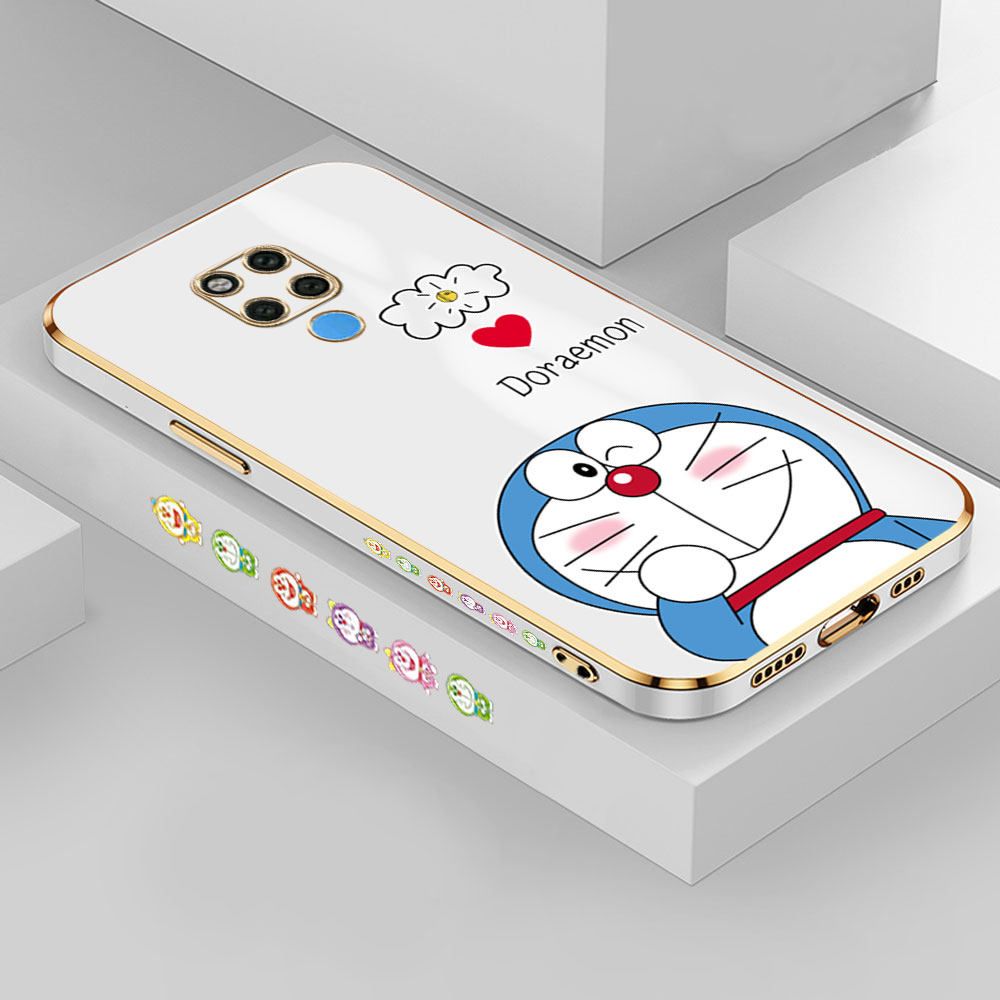 Hontinga for Huawei Mate 20 X Back Cover + Free Lanyard Luxury 6D Plating Grinning Cartoon Cat Side Pattern Case Soft Silicone Square Mobile Cover