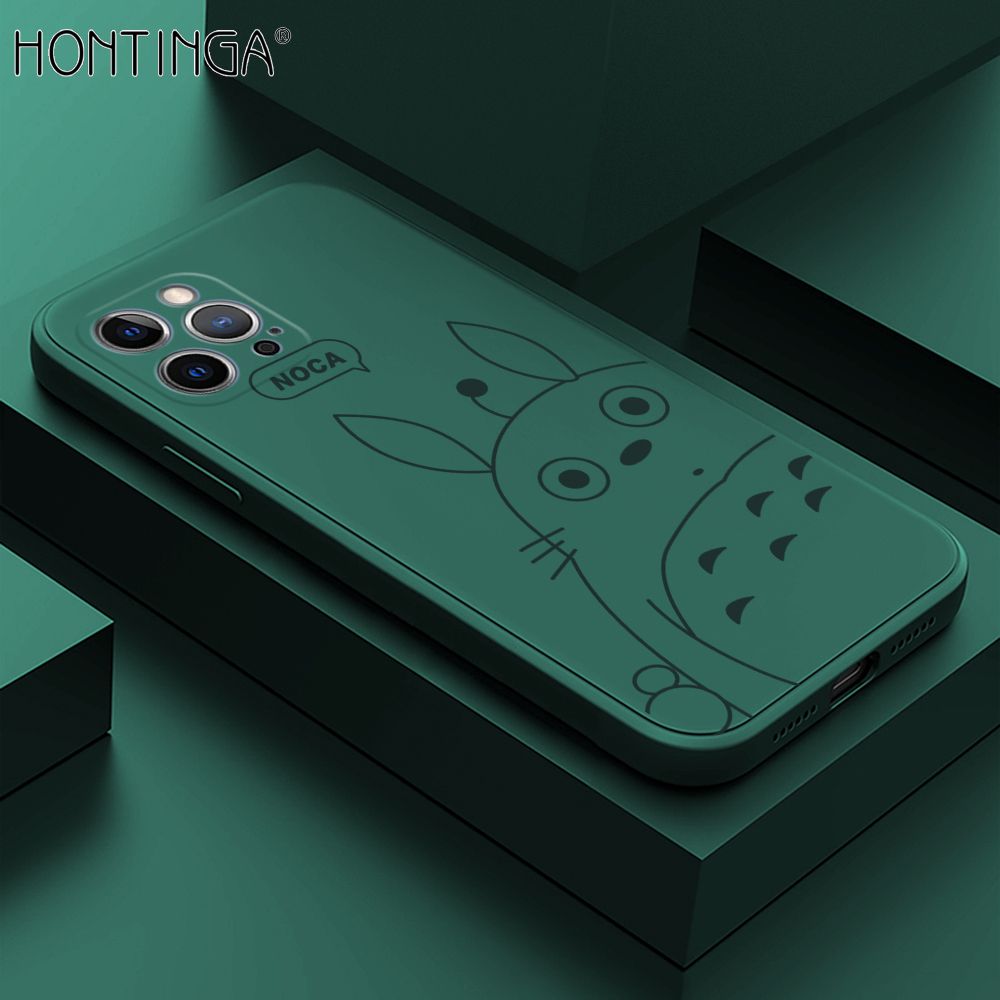 Hontinga for iPhone 12 Pro Max Case Cartoon Cute Totoro Pattern Back Cover Soft Square Edge Liquid Silicone Phone Cases