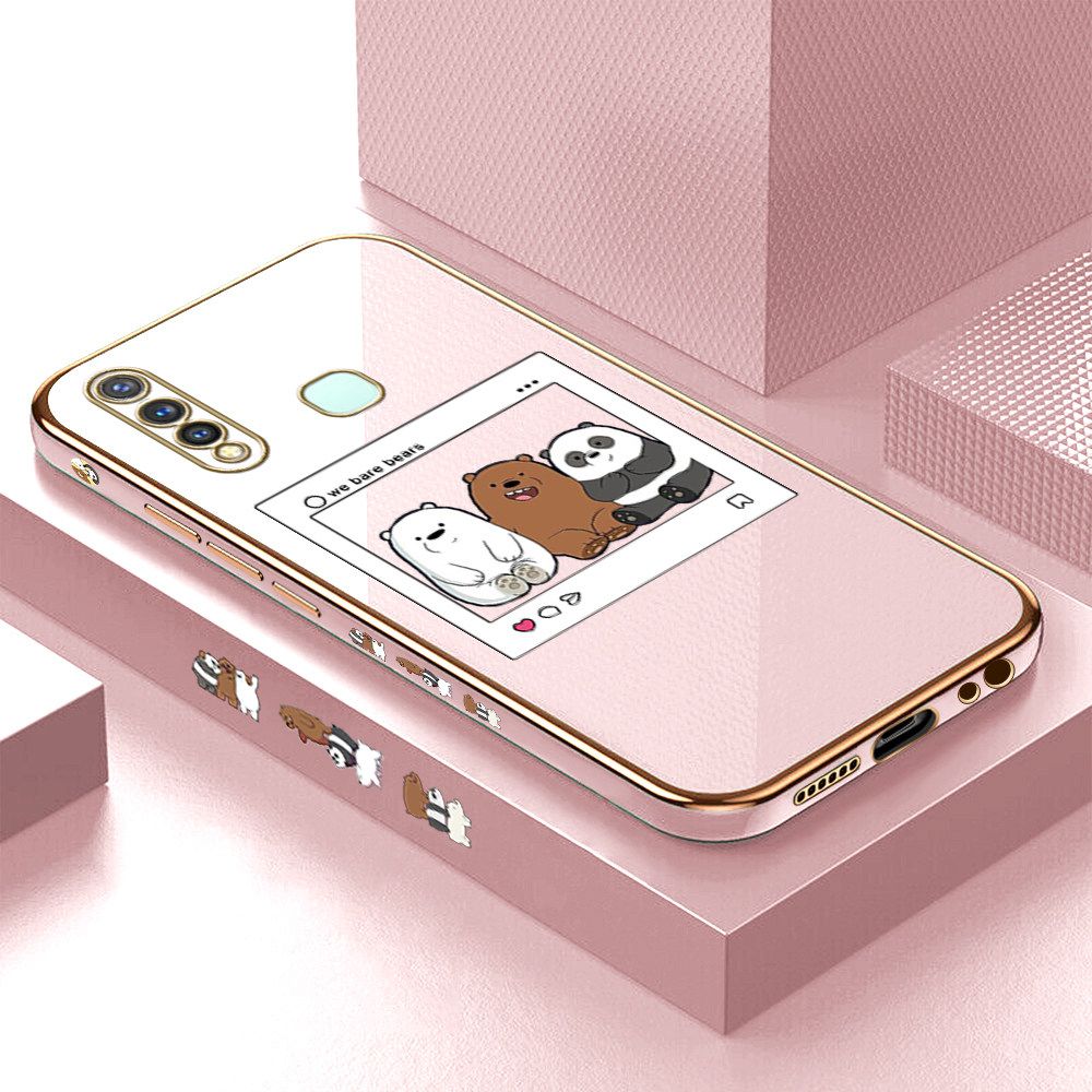 Luxury 6D Plating Case for Vivo Y19 Cute Cartoon Anime Bears Side Pattern Back Cover Soft Silicone Square Frame Shiny Bling Phone Cases + Free Lanyard