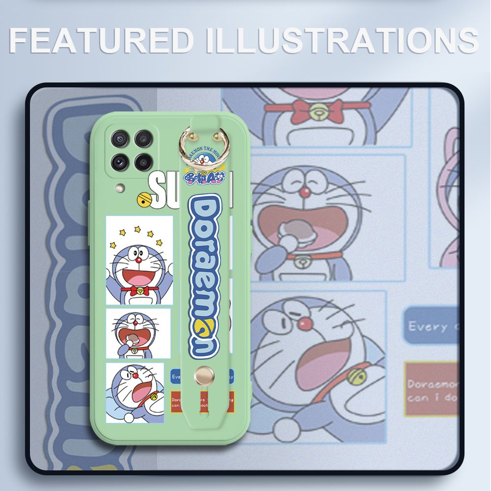 UCUC for Samsung Galaxy A22 Wrist Strap Case Creative Cartoon Doraemon's Daily Life Cover Ultra Thin Anti Fall Liquid Silicone Phone Case
