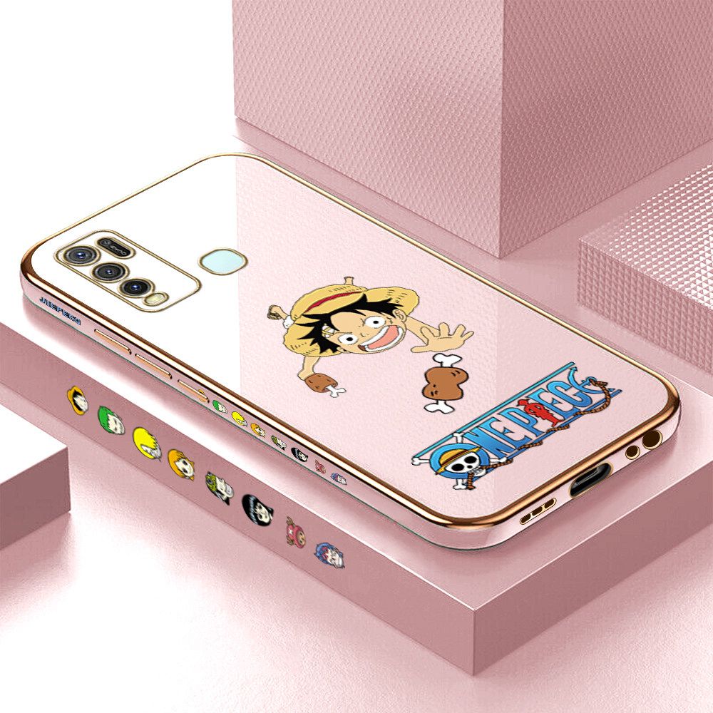 Luxury 6D Plating Case for Vivo Y30i Gluttonous Cartoon Luffy Side Pattern Back Cover Soft Silicone Square Frame Shiny Bling Phone Cases + Free Lanyard