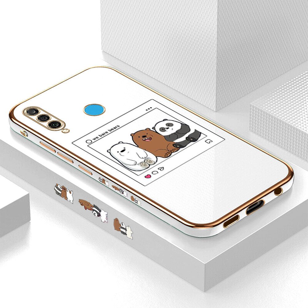 Luxury 6D Plating Case for Huawei P30 Lite Cute Cartoon Anime Bears Side Pattern Back Cover Soft Silicone Square Frame Shiny Bling Phone Cases + Free Lanyard