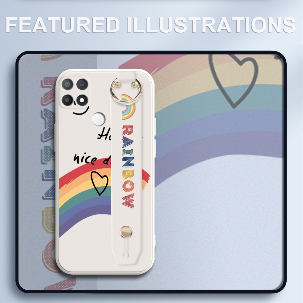 UCUC for OPPO A15S Wrist Strap Case INS Style Smile Rainbow Cover Ultra Thin Anti Fall Liquid Silicone Phone Case