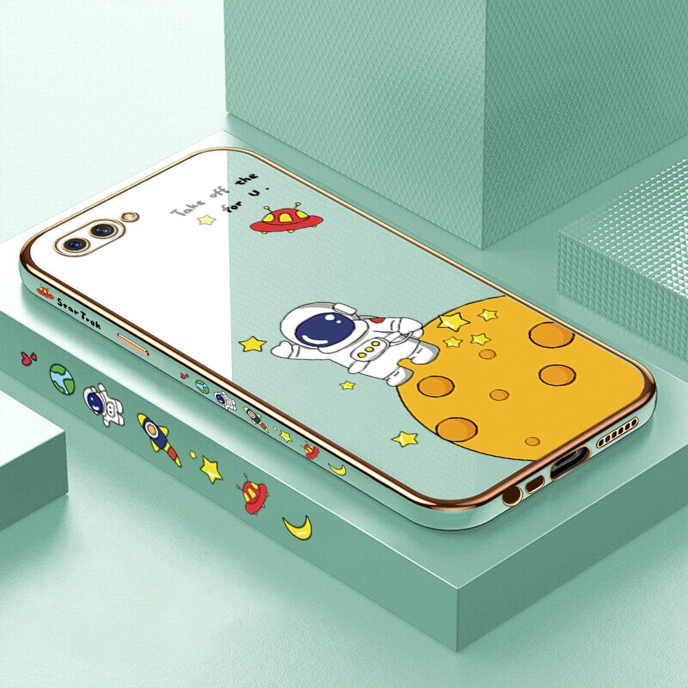 Luxury 6D Plating Case for OPPO A12E Cute Cartoon Happy Astronaut Side Pattern Back Cover Soft Silicone Square Frame Shiny Bling Phone Cases + Free Lanyard