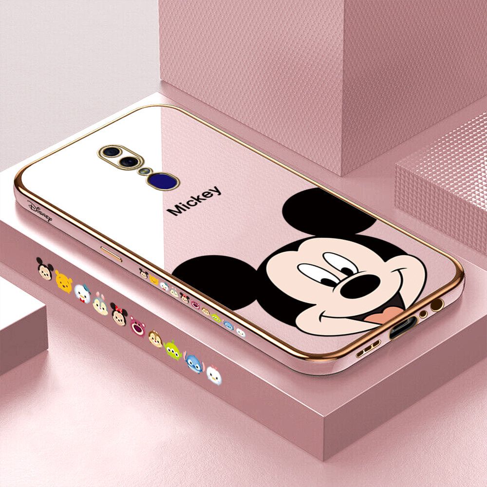 Luxury 6D Plating Soft Casing Silicone Square Frame Phone Case For OPPO F11 Case Shiny Bling Back Cover Cartoon Big Head Mouse Square Edge Pattern Design Soft Case + Free Lanyard