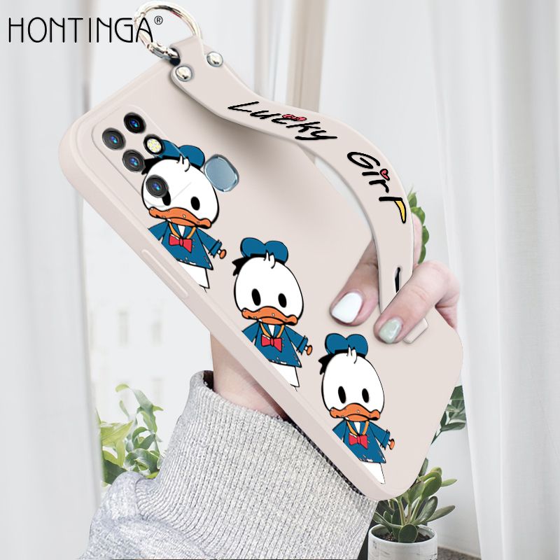 Hontinga for Infinix Hot 10 Wrist Strap Case Cute Cartoon Little Duck Phone Case Square Edge Liquid Silicone Case Full Cover Camera Shockproof Protective Cases