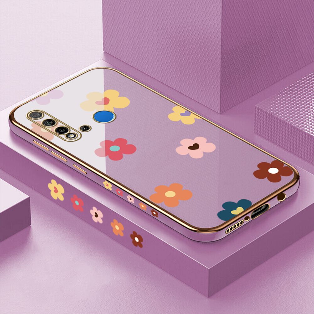 Luxury 6D Plating Case for Huawei Nova 5I Color Cartoon Flowers Side Pattern Back Cover Soft Silicone Square Phone Cases + Free Lanyard