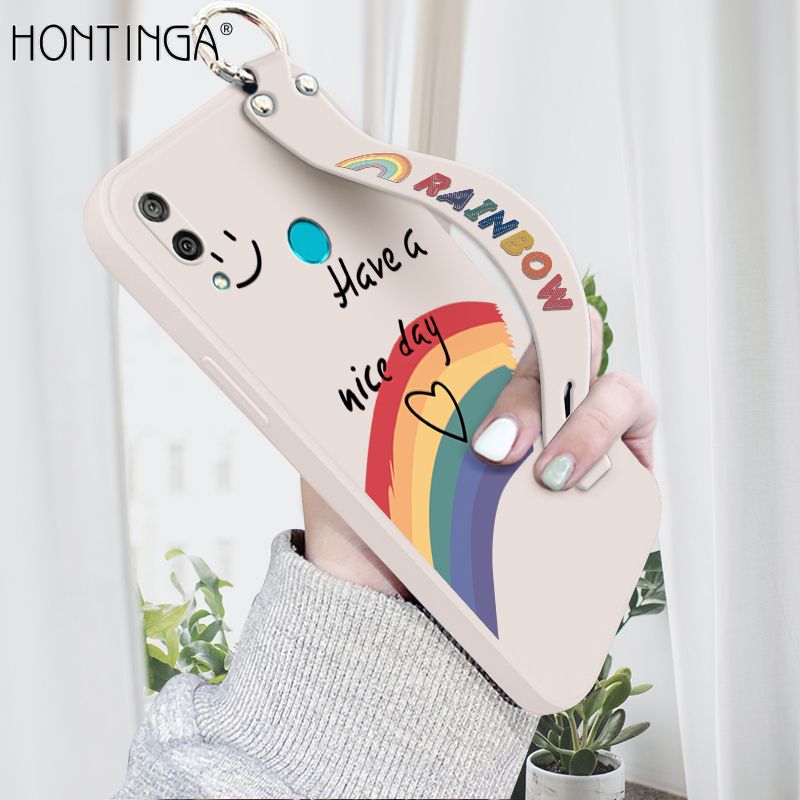 Hontinga for Huawei Y7 2019 / Y7 Prime 2019 Wrist Strap Case Soft Cartoon Rainbow Smile Back Cover Trend Square Printed Pattern Liquid Silicone Cases