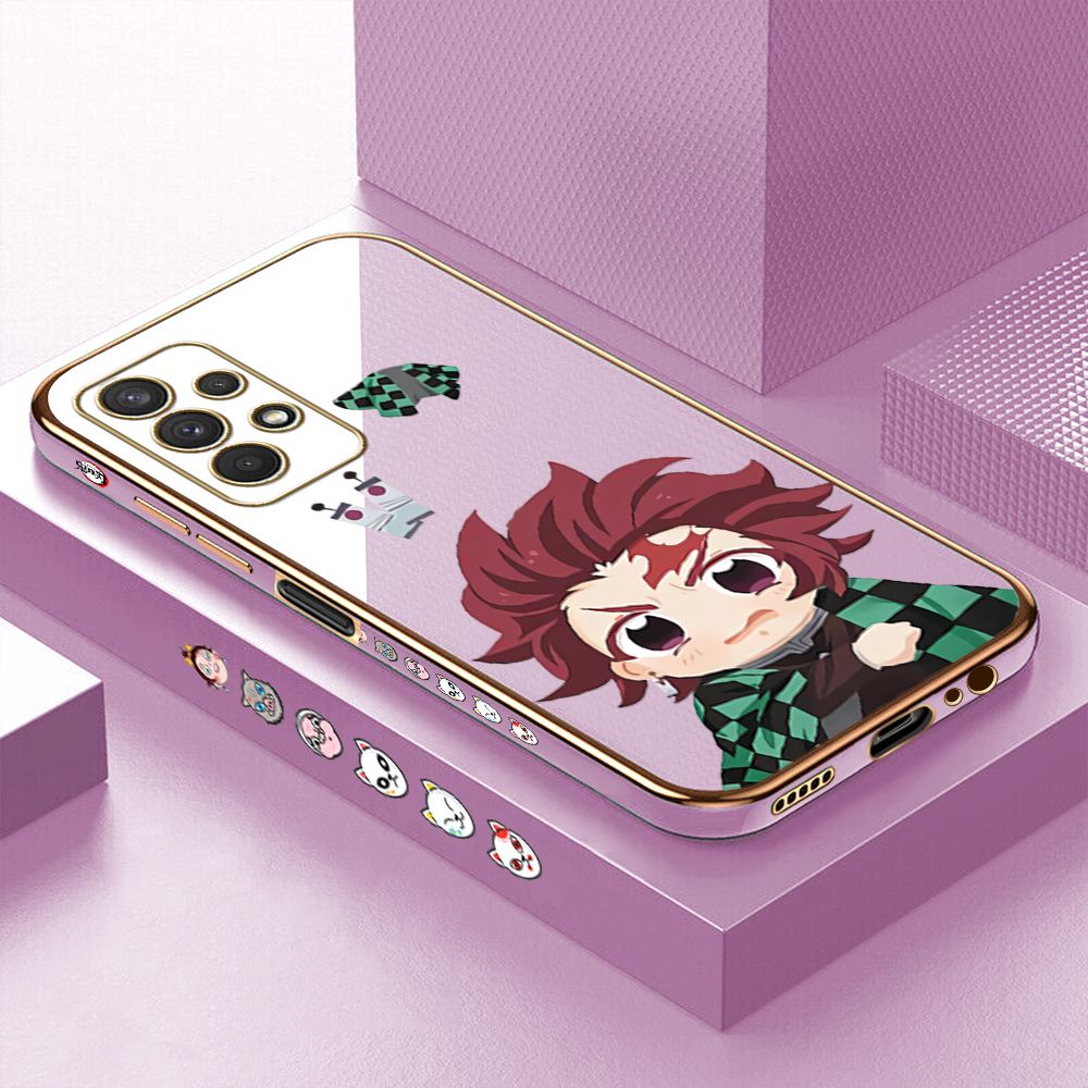 Luxury 6D Plating Case for Samsung A32 5G Cartoon Anime Tanjirou Side Pattern Back Cover Soft Silicone Square Phone Cases + Free Lanyard