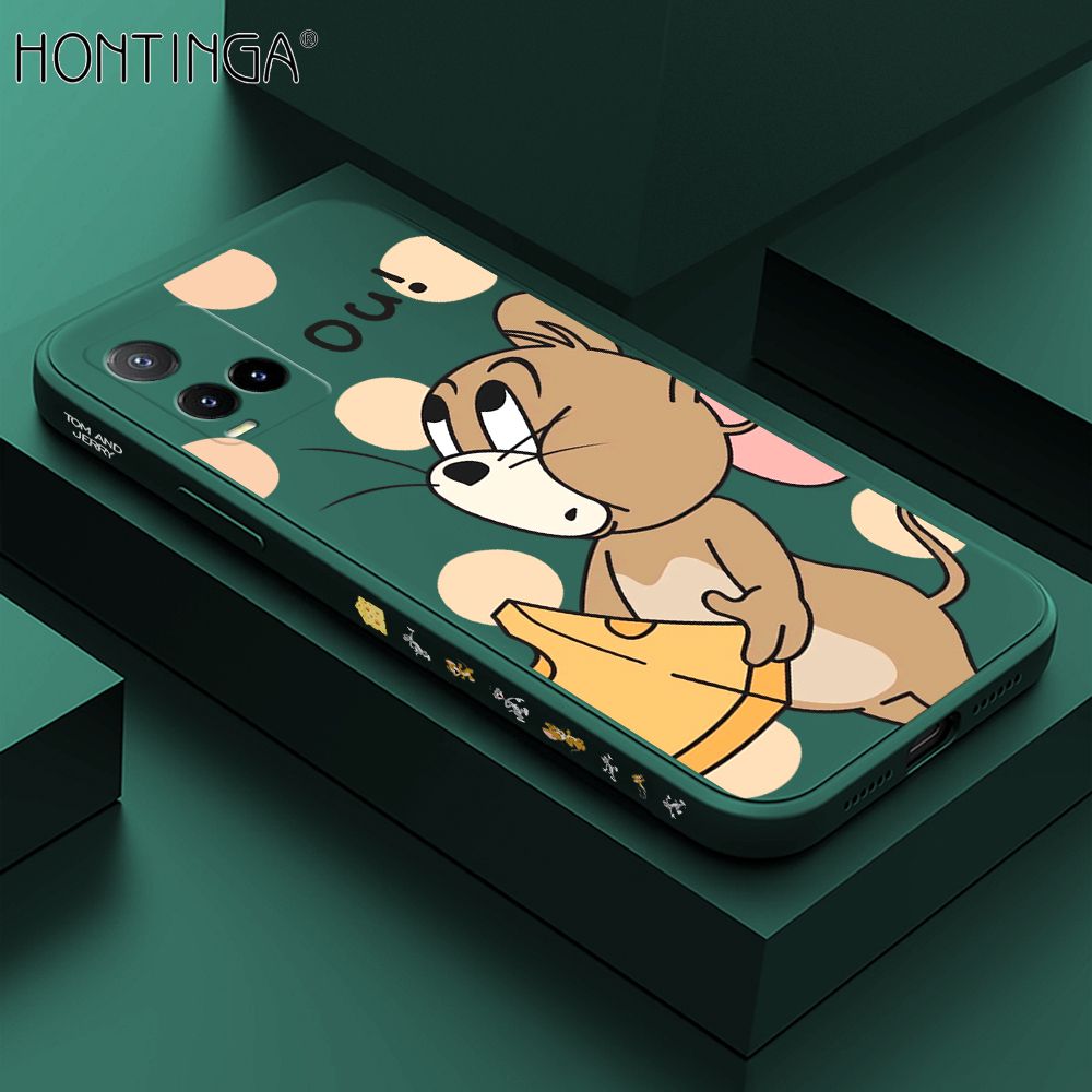 Hontinga for Vivo Y21 2021 Case Side Design Cute Cartoon Mouse Back Cover Soft Square Edge Pattern Liquid Silicone Trend Phone Cases
